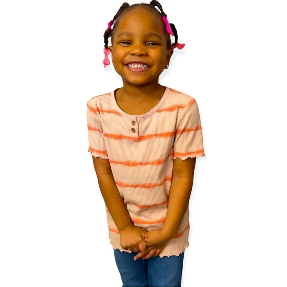 Old Navy Girl’s Orange Tie-Dye Striped Pullover Ribbed Short Sleeve Top Size 8